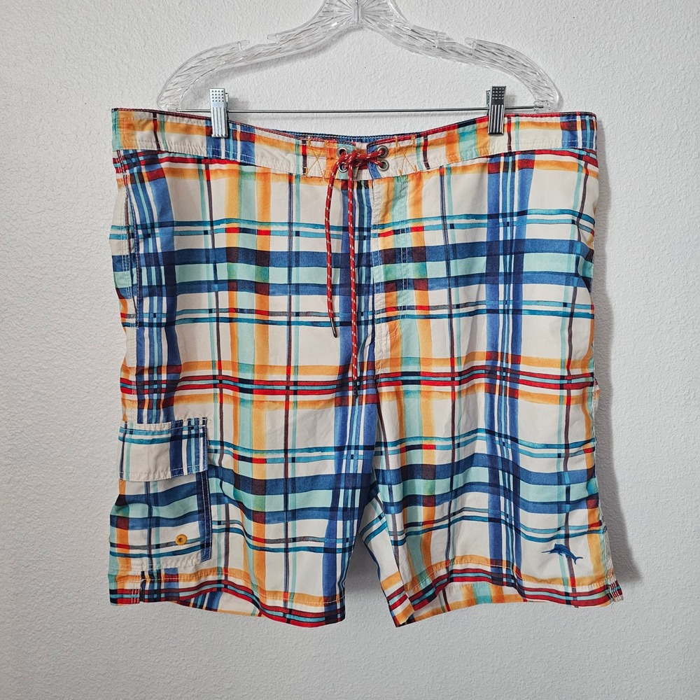 Tommy Bahama Relax Mens XL Plaid Swim Trunks Blue Orange Board Shorts Mesh Liner